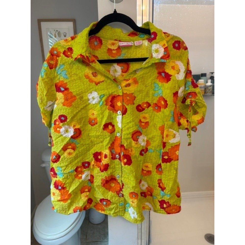Cappagallo Tropical Floral Crinkle Cotton‎ Button Front Blouse Resort Top